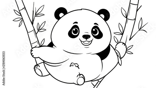 A line art coloring page outline of a cute cartoon panda climbing bamboo trees. Kids activity sheet design, wild animal book layout template.