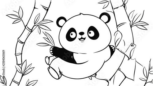 An educational coloring page template with an outline sketch of a friendly cartoon panda bear sitting on bamboo. Kids activity sheet design, cartoon wild animal graphic vector.