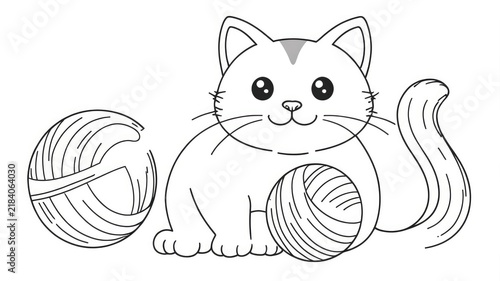 A black and white outline drawing of a happy cartoon cat playing with two yarn balls. Children book coloring page layout template, creative educational hobby sheet.