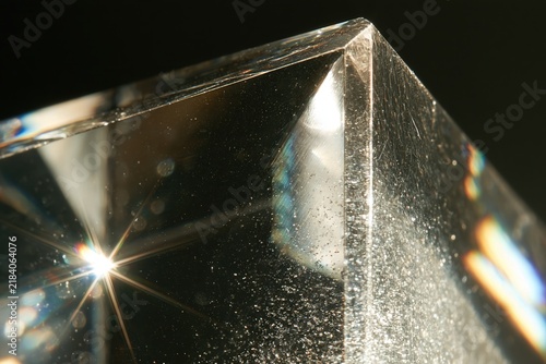 Close up of a glass prism refracting light