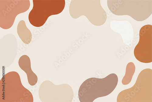 Abstract boho background with organic shapes and wavy blobs in warm earth tones. Neutral terracotta and beige frame template with empty copy space in the center.