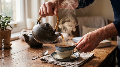 Person pouring hot tea from a ceramic teapot into a cup on a rustic wooden table