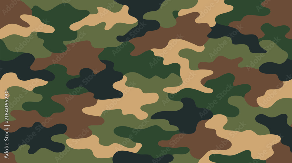 Fototapeta premium Seamless Military Camouflage Pattern Vector Background Woodland Army Tactical Texture Green Brown Black Tan Organic Blob Shapes Digital Artwork - professional high detailed commercial stock imagery