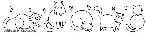 A collection of funny hand-drawn cats in a black line doodle style