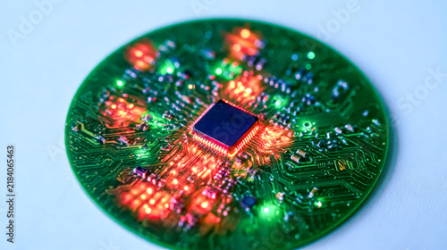 Obraz na płótnie Glowing microchip on a green circuit board represents computing, electronics, semiconductor technology, data processing and digital innovation