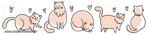 A collection of funny hand-drawn cats in a black line doodle style