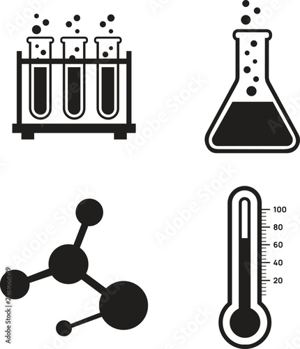 Chemistry equipment set with test tubes flask molecule and thermometer on white background