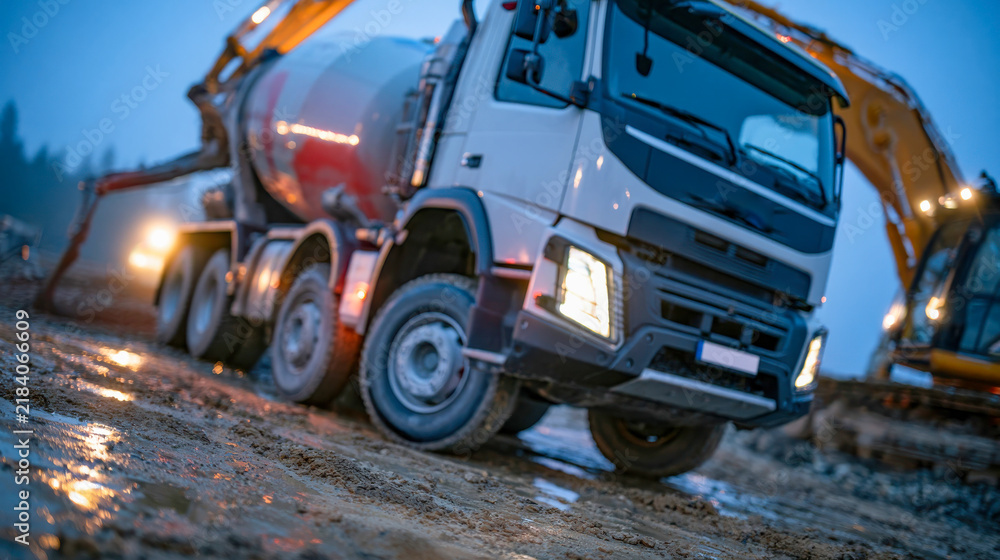 Obraz premium Heavy concrete mixer truck working on a rugged construction site at dusk with an excavator in the background, representing building, infrastructure and engineering