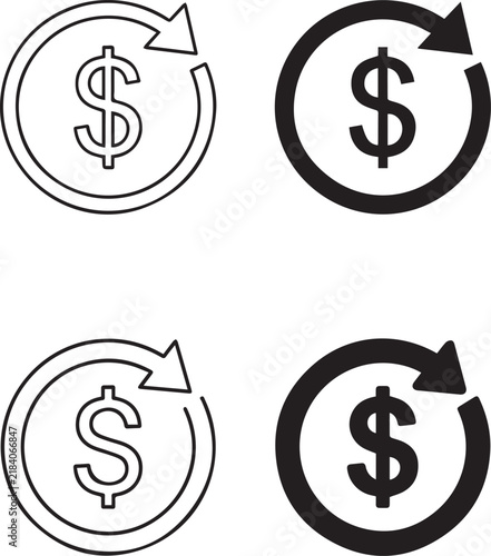 Dollar return icon set with filled and outline variations on a white background