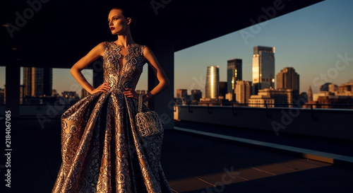 High fashion model posing in a luxurious gold embroidered ball gown on a rooftop terrace at sunset. City skyline view with modern skyscrapers. Elegant haute couture clothing for upscale events