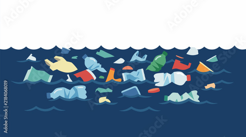 Scattered Garbage and Crumpled Plastic Bottles Floating on Dark Blue Sea Surface, Plastic Debris Drifting in Ocean Water, Marine Pollution Environmental Concept Vector Illustration