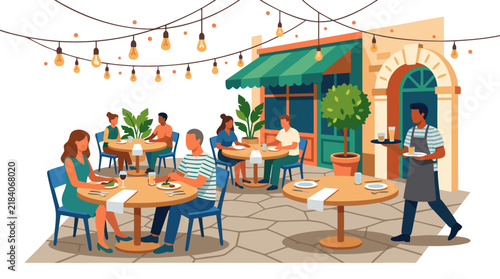 Outdoor Restaurant Patio with Round Tables and Hanging String Lights - Diners Enjoying Evening Meal with Waiter Serving Food - Vector Illustration - professional high detailed commercial stock