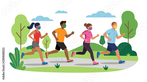 Diverse group of joggers running outdoors wearing colorful face masks, flat vector illustration of healthy active people exercising in park during pandemic - detailed commercial stock imagery with