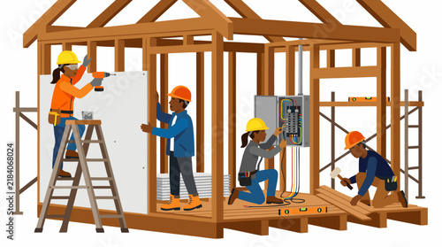 Four diverse construction workers in hard hats installing drywall wiring electrical panel laying floorboards inside unfinished wooden house frame - professional high detailed commercial stock