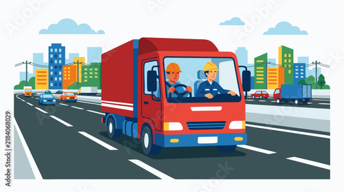Two professional truck drivers wearing colorful safety hard hats steering a large red cargo delivery truck down a busy multi-lane highway road with city skyline in background, bold flat vector