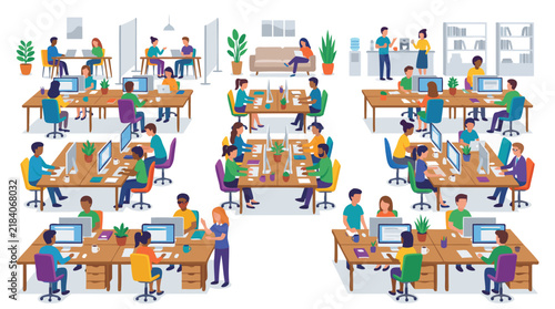Busy Open Plan Office Workspace With Diverse Team Of Young Professionals Working At Desks With Desktop Computers Colorful Modern Vector Flat Illustration On Clean White detailed commercial stock