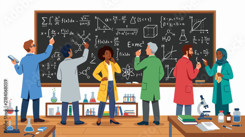Diverse group of scientists in colorful lab coats thinking and writing complex mathematical equations and formulas on large blackboard in collaborative classroom, scientific research education