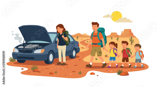 Family with backpacks walking away from broken down car on desert dirt road, concerned parents guiding children past stranded vehicle, road trip breakdown vector illustration