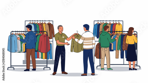 Menswear Store Scene With Shoppers Browsing Clothing Racks While Salesperson Assists Customer - Retail Shopping Illustration in Flat Colors on Clean Background - detailed commercial stock imagery