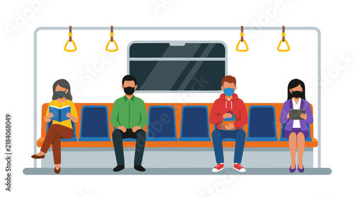 Subway Passengers Wearing Face Masks Social Distancing on Public Transport, Flat Color Vector Illustration - professional high resolution commercial stock photography detailed commercial stock