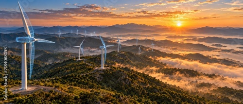 Digital Twin of Wind Turbine on Mountain Ridge at Sunrise, Wireframe Overlay Among Real Wind Farm for Renewable Energy Technology