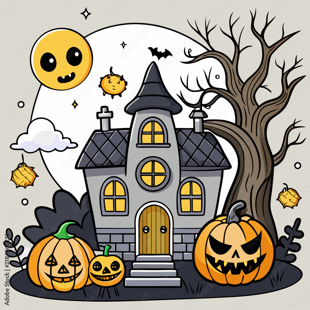 Fototapeta premium Cute cartoon illustration of a spooky haunted house with jack-o'-lanterns and a smiling full moon