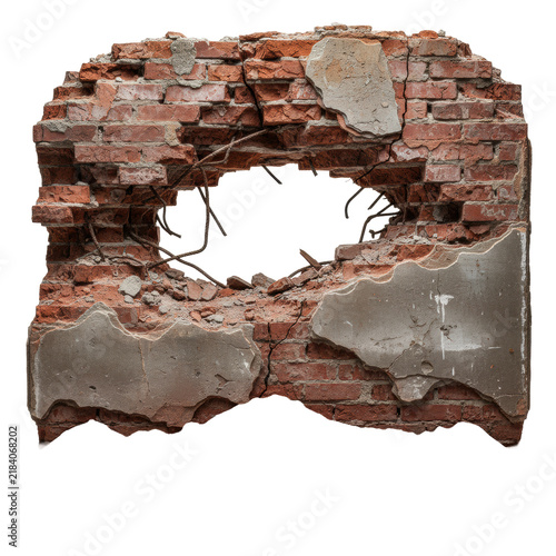 Detailed close-up of a crumbling red brick wall with jagged opening, exposed rebar, and debris on a white background, concept of destruction and decay