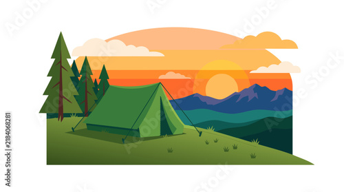 Beautiful green camping tent pitched on a grassy hillside with tall pine trees under a warm late-summer sunset with orange sky and distant blue mountains, flat vector landscape illustration