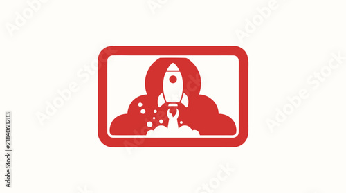 Flat Vector Illustration of Rocket Launching Upward from Rounded Screen Frame Device, Red and Cream Color Palette with Smoke Cloud Effect, Space Technology Startup Business Launch Concept