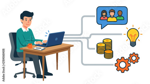 Modern flat vector illustration of an office worker at laptop connected by lines to floating icons of people lightbulbs coins and gears representing business workflow communication ideas finance and