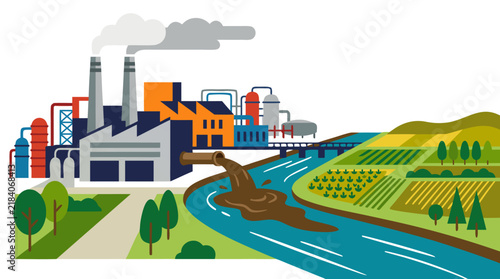 Industrial Factory Complex With Smokestacks Discharging Brown Polluted Wastewater Into River Flowing Past Agricultural Fields Flat Vector Illustration Environmental Pollution