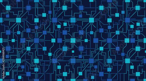 Abstract Seamless Tile Pattern of Thin Connecting Lines Linking Scattered Square Microchip Nodes in Blue and Cyan on Dark Navy Background Digital Circuit Board Network -