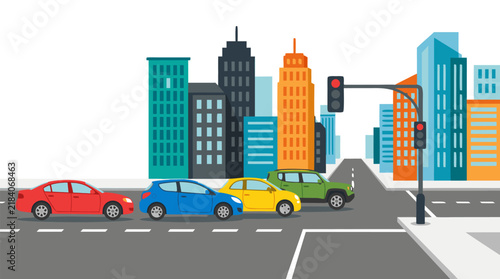 Four colorful cars queued at a red traffic light intersection in a modern city with tall skyscrapers, bold flat design vector illustration of urban transportation and architecture