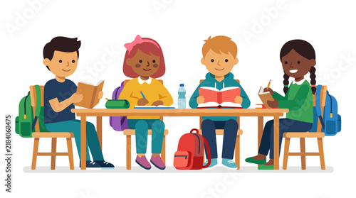 Four Diverse Multicultural Children Sitting Together at School Classroom Desk with Colorful Backpacks and Open Books, Happy Young Students Studying, Flat Vector Illustration Style on Clean Solid