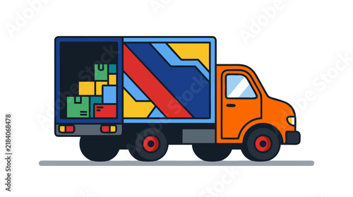 Open Delivery Truck with Bold Geometric Side Panels and Colorful Packages Inside, Flat Vector Illustration for Logistics, Shipping, and Commerce - professional high detailed commercial stock imagery