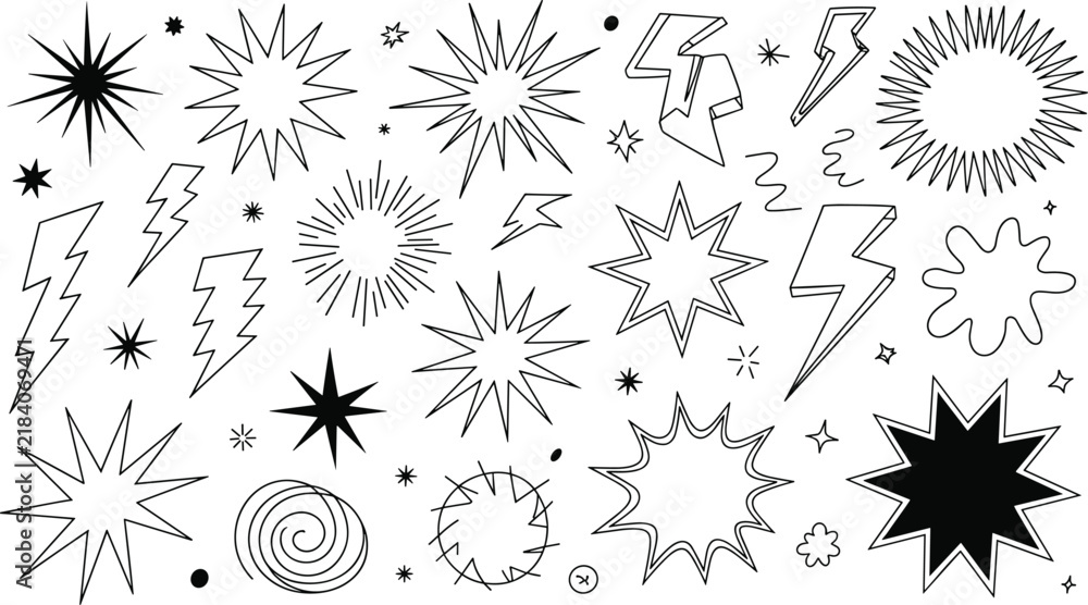 Obraz premium Retro Starburst and Lightning Bolt Doodle Element Set for Y2K Comic and Pop Art Design