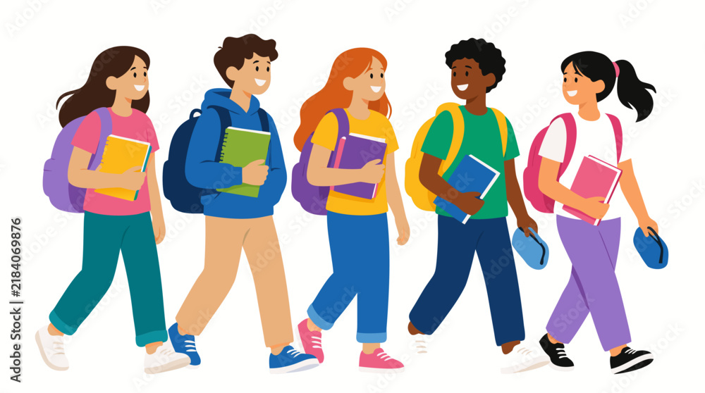 Fototapeta premium Diverse group of happy students walking together carrying colorful backpacks and holding notebooks and pencil cases - vibrant back to school vector illustration for education design projects