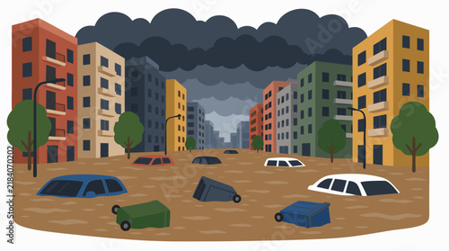 Flooded Urban City Street After Heavy Rain Storm Disaster Cars Submerged Up To Windows In Muddy Brown Water Overturned Vehicles Dark Clouds Cityscape Vector Illustration Flat Design
