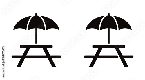 Vector illustration of two outdoor picnic tables with umbrellas icon set on a transparent background