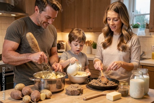 Family preparing Haggis Neeps and Tatties in modern kitchen. Concept of cooking together, enjoying spiced offal pudding with turnips potatoes in bright atmosphere.