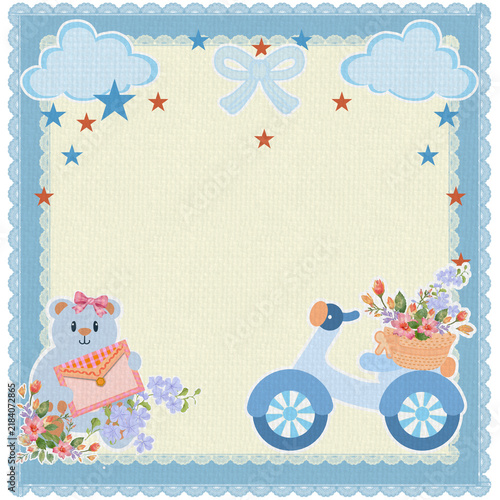 Baby train floral frame with a cute teddy bear riding a blue toy train surrounded by flowers stars clouds and delicate lace borders with spacious copy space for nursery decor baby announcements greeti