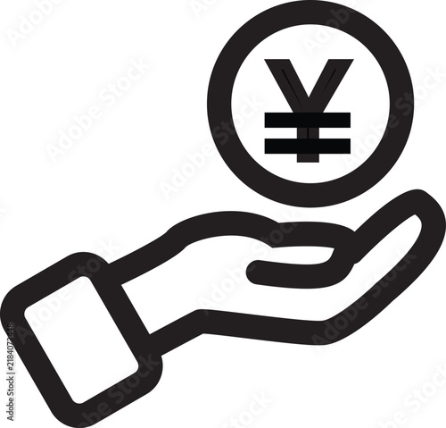 A unique but nice human hand holding a huge and perfect looking japanese yen or chinese yuan currency coin silhouette icon