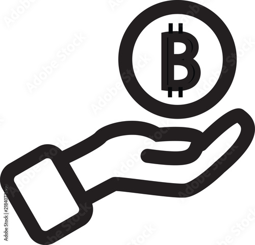 A totally perfect looking human hand holding a large and perfect bitcoin symbol icon silhouette