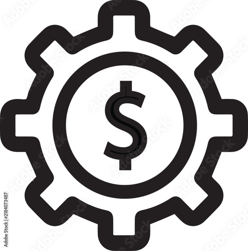 A really smooth but important perfect 8 teethed gear icon with a perfect dollar sign symbol silhouette inside