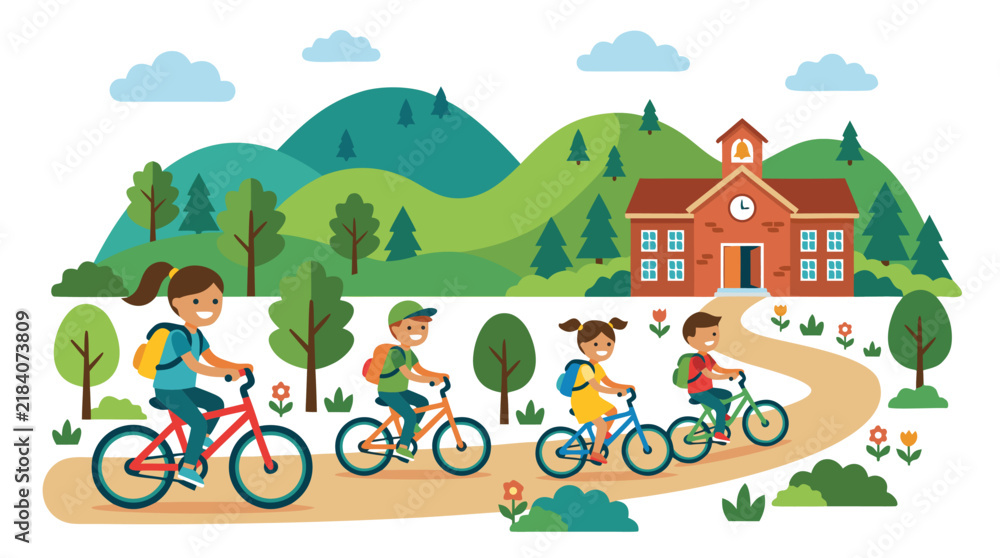 Fototapeta premium Children riding bicycles to school along winding path through green hills, late summer back to school concept, flat vector illustration with kids cycling to brick schoolhouse