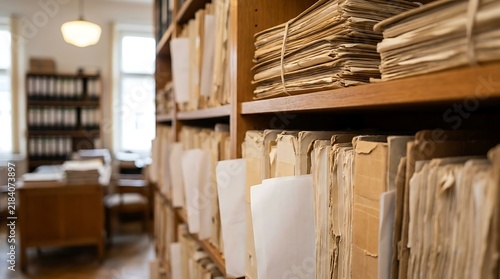 Old archive documents in wooden shelves, historical records and research materials for library or study, providing access to information and preserving history.