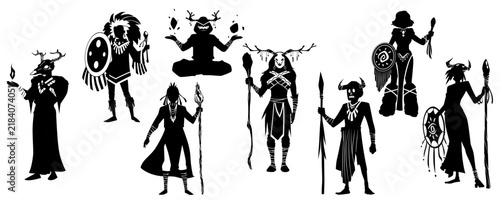 Картината върху платно Tribal shaman with magic wand, drum, animal's skull with horns headgear black si