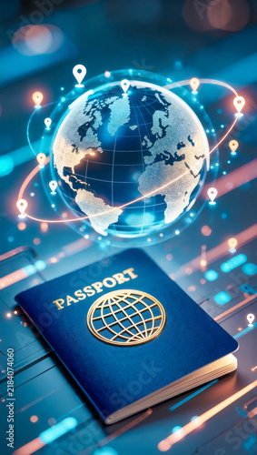Global network globe with passport and world map icons
