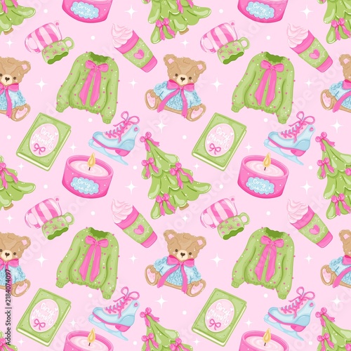 Cozy Winter Seamless Pattern with Teddy Bear, Sweater, Ice Skates, and Christmas Tree on Pink Background
