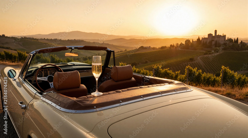 Obraz premium Convertible car with champagne glass parked in Tuscan vineyard at sunset. Scenic rolling hills and ancient villa create romantic idyll. Perfect for luxury travel celebration.